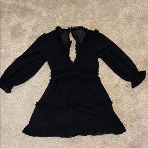 Black Ruffle V-Neck Long Sleeve Mini Dress